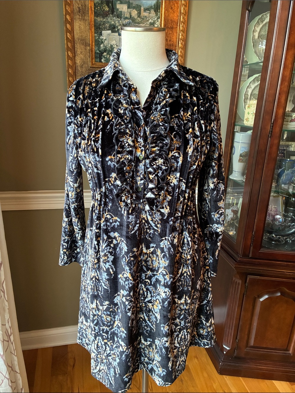 Reborn Black and Gold Patterned Long Sleeve Tunic Dress Size Small - Picture 1 of 7